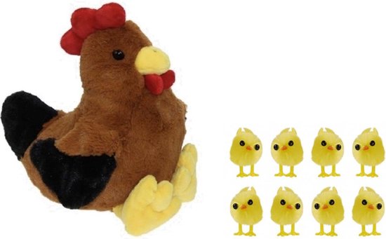 Pluche bruine kippen/hanen knuffel van 25 cm met 8x stuks mini kuikentjes 3 cm - Paas/pasen decoratie