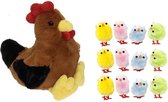 Pluche bruine kippen/hanen knuffel van 25 cm met 12x stuks mini kuikentjes 3 cm - Paas/pasen decoratie