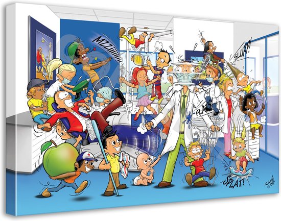 Tandarts Cartoon op canvas - Roland Hols - Praktijk - 60 x 90 cm - Houten frame 4 cm dik - Orthodontist - Mondhygiënist