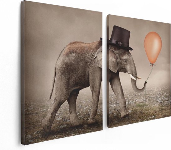 Artaza Canvas Schilderij Tweeluik Olifant Met Een Oranje Ballon - Hoedje - 120x80 - Foto Op Canvas - Canvas Print