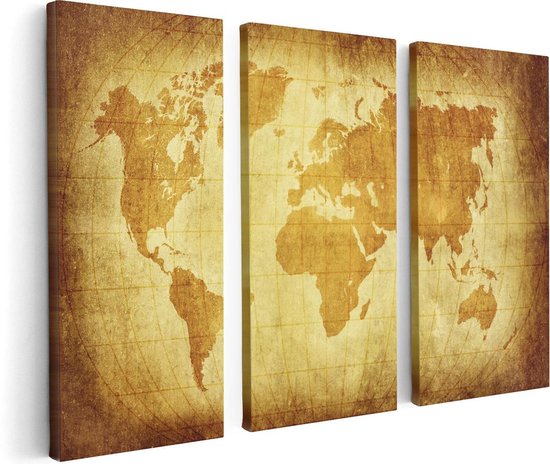 Artaza - Triptyque de peinture sur toile - Wereldkaart du vieux monde avec des lignes de degré - 120x80 - Photo sur toile - Impression sur toile