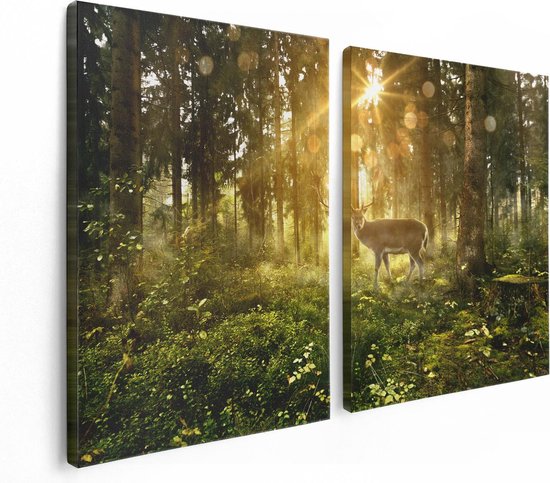 Artaza Canvas Schilderij Tweeluik Hert In Bos Met Zon - 120x80 - Foto Op Canvas - Canvas Print