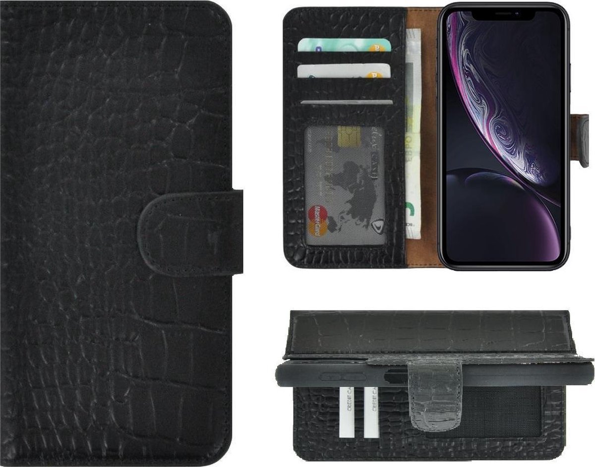 Geschikt voor iPhone XR Hoesje Leer - Bookcase - iPhone XR Book Case Wallet Echt Leer Croco Zwart Cover