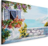 Schilderij - Grieks huis aan de zee (print op canvas), multi-gekleurd, wanddecoratie