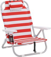 strandstoel met koeltas, aluminium, flessenhouder en kussen, klapstoel, meer draagbare campingstoel, opvouwbaar, verstelbaar en stevig, buitenstoel, rood en wit gestreept HMCB63BU