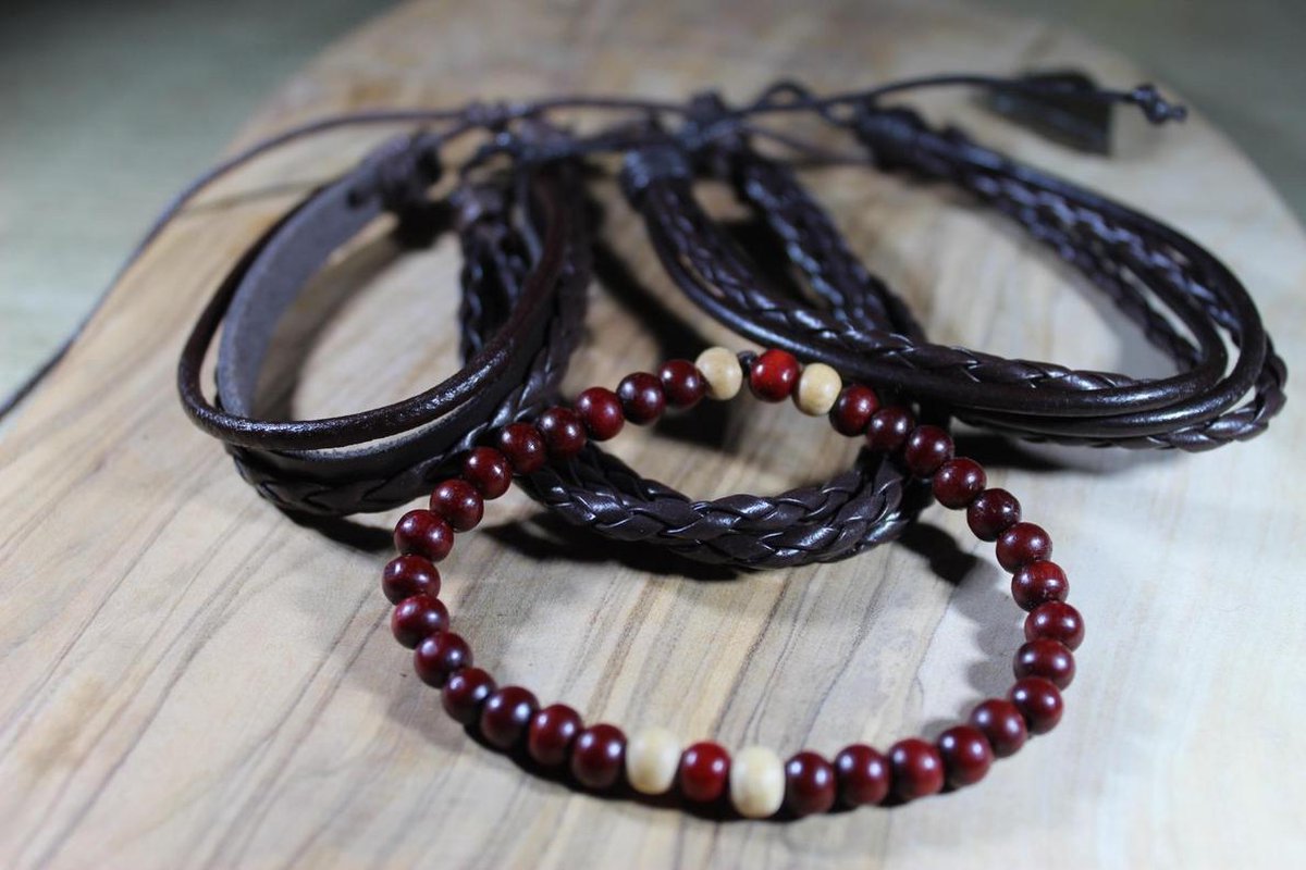 GoedeDoelen.Shop | Stoere Eco Veterarmbanden Bruin set van 4 | Armbanden Set | Heren Armband | Modieus | Wellness-House