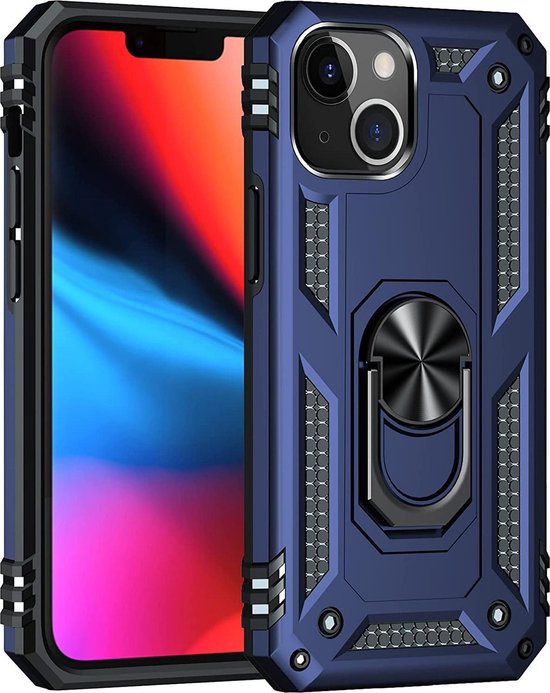 Apple iPhone 13 Case Blauw & Verres Screen Protector - Anti-Shock Hybrid Armor avec Kickstand Ring
