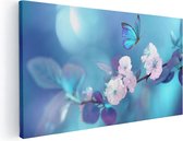 Artaza - Peinture sur toile - Papillon bleu avec une Bloem rose - 120 x 60 - Groot - Photo sur toile - Impression sur toile