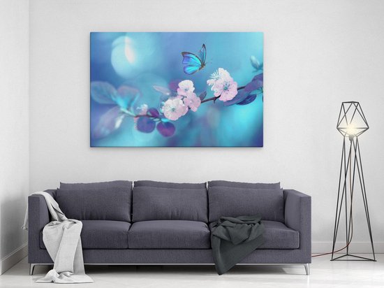 Artaza - Peinture sur toile - Papillon bleu avec une Bloem rose - 120 x 80 - Groot - Photo sur toile - Impression sur toile
