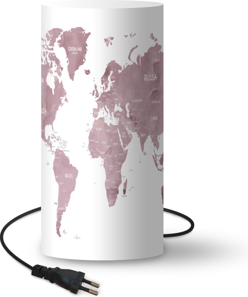 Lamp - Nachtlampje - Tafellamp slaapkamer - Wereldkaart - Paars - Wit - 54 cm hoog - Ø24.8 cm - Inclusief LED lamp