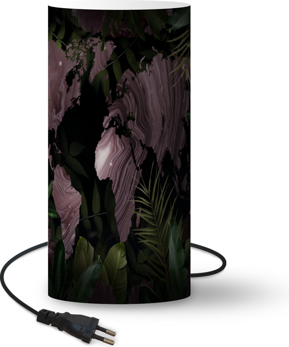 Lamp - Nachtlampje - Tafellamp slaapkamer - Wereldkaart - Paars - Bladeren - 54 cm hoog - Ø24.8 cm - Inclusief LED lamp