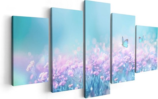 Artaza Canvas Schilderij Vijfluik Twee Blauwe Vlinders Bij Roze Bloemen - 100x50 - Foto Op Canvas - Canvas Print