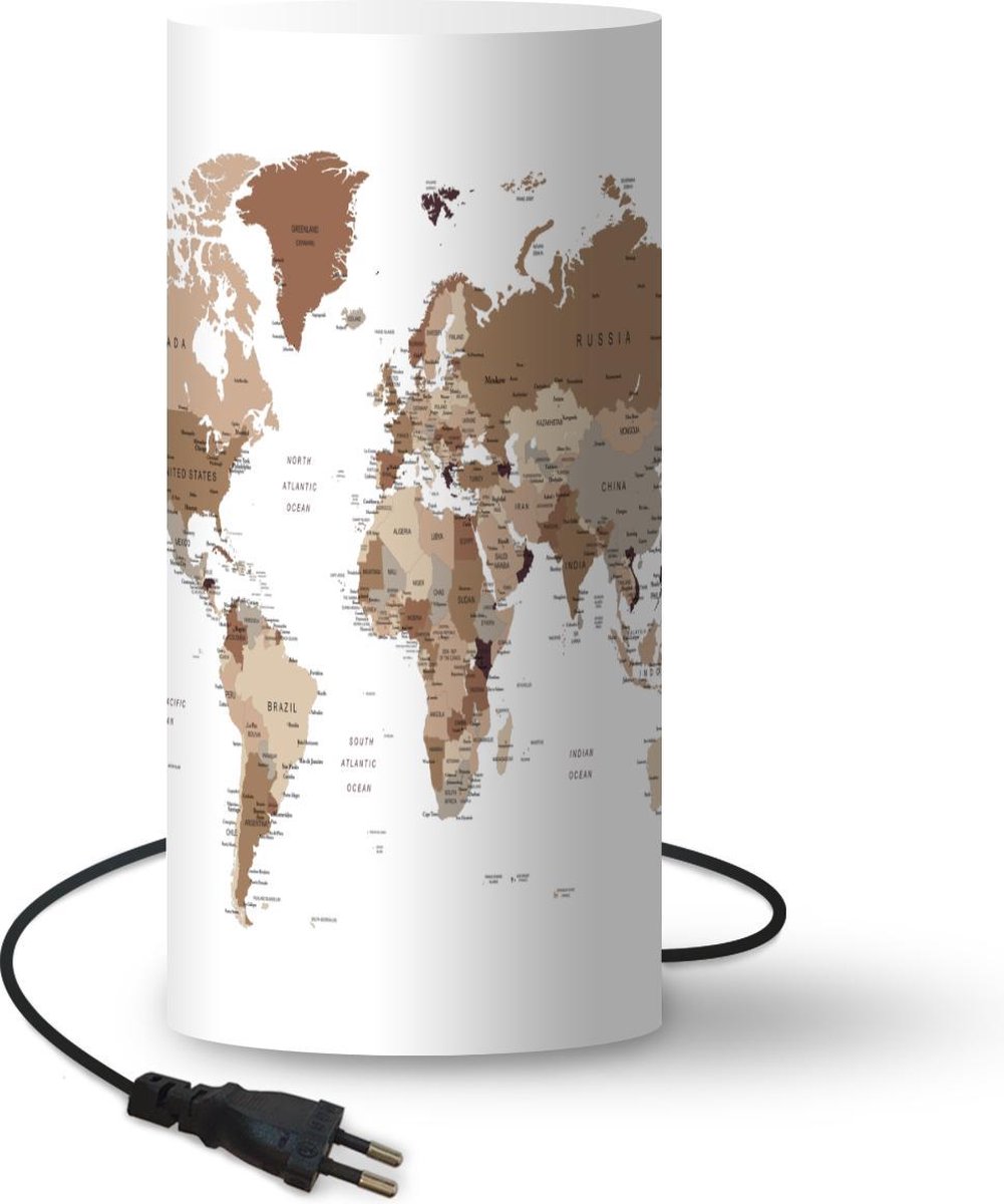 Lamp - Nachtlampje - Tafellamp slaapkamer - Wereldkaart - Simpel - Bruin - 54 cm hoog - Ø24.8 cm - Inclusief LED lamp