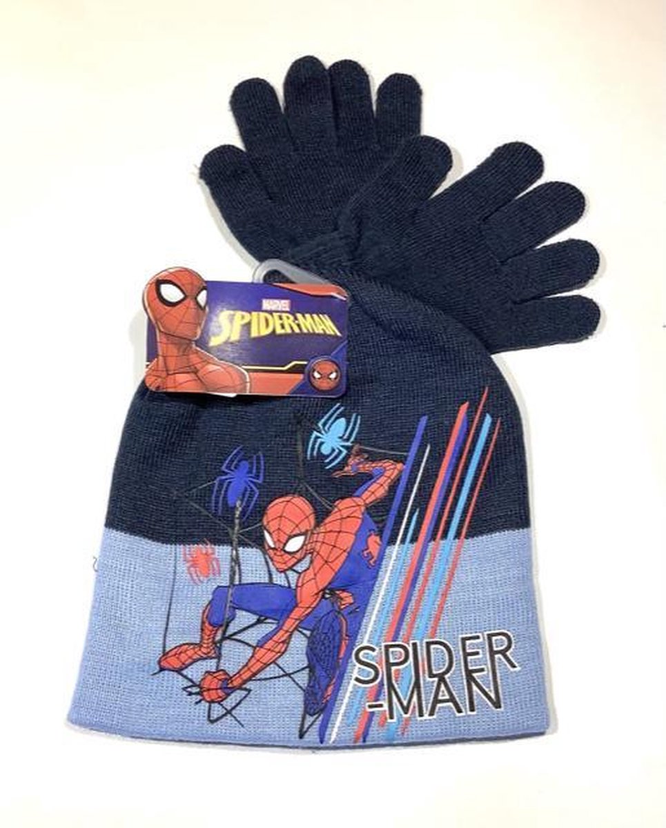 Marvel Spiderman winterset - 2-delig - muts+handschoenen - blauw - One Size ± 4-7 jaar - Marvel