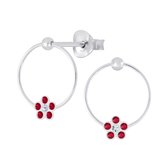 Joy|S - Zilveren cirkel oorbellen met bloem - kristal rood - 11 mm