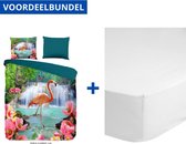 Luxe Dekbedovertrek Eenpersoons - 140x200/220cm - Inclusief 1 Kussensloop - 100% Zacht Polyester - Flamingo + Zachte Katoenen Hoeslaken - 90x200cm - Wit