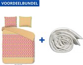 Luxe Dekbedovertrek Tweepersoons - 200x200/220cm - Inclusief 2 Kussenslopen - 100% Zacht Percale Katoen - Zosia Oranje + Wasbaar Microfiber Dekbed - 200x220cm - Wit