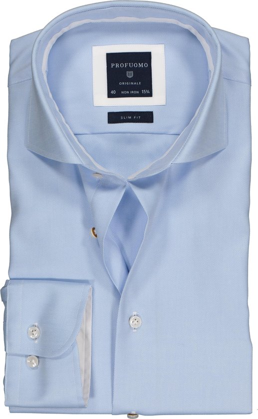 Profuomo slim fit overhemd - 2-ply twill - lichtblauw (contrast) - Strijkvrij - Boordmaat: 38