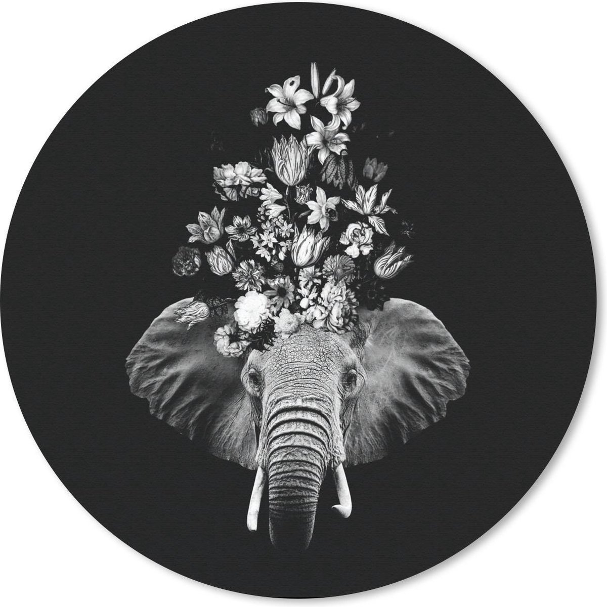 Muismat rond 40x40 cm - Mousepad Olifant - Bloemen - Zwart - Wit - Ronde muismatten