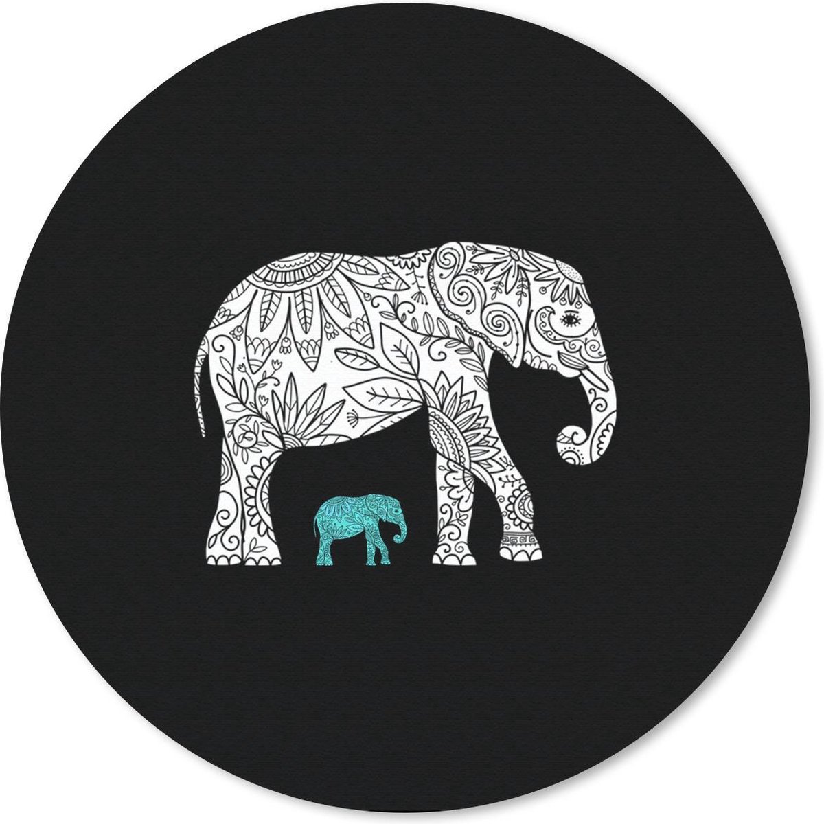 Muismat rond 40x40 cm - Mousepad Olifant - Patronen - Blauw - Wit - Ronde muismatten