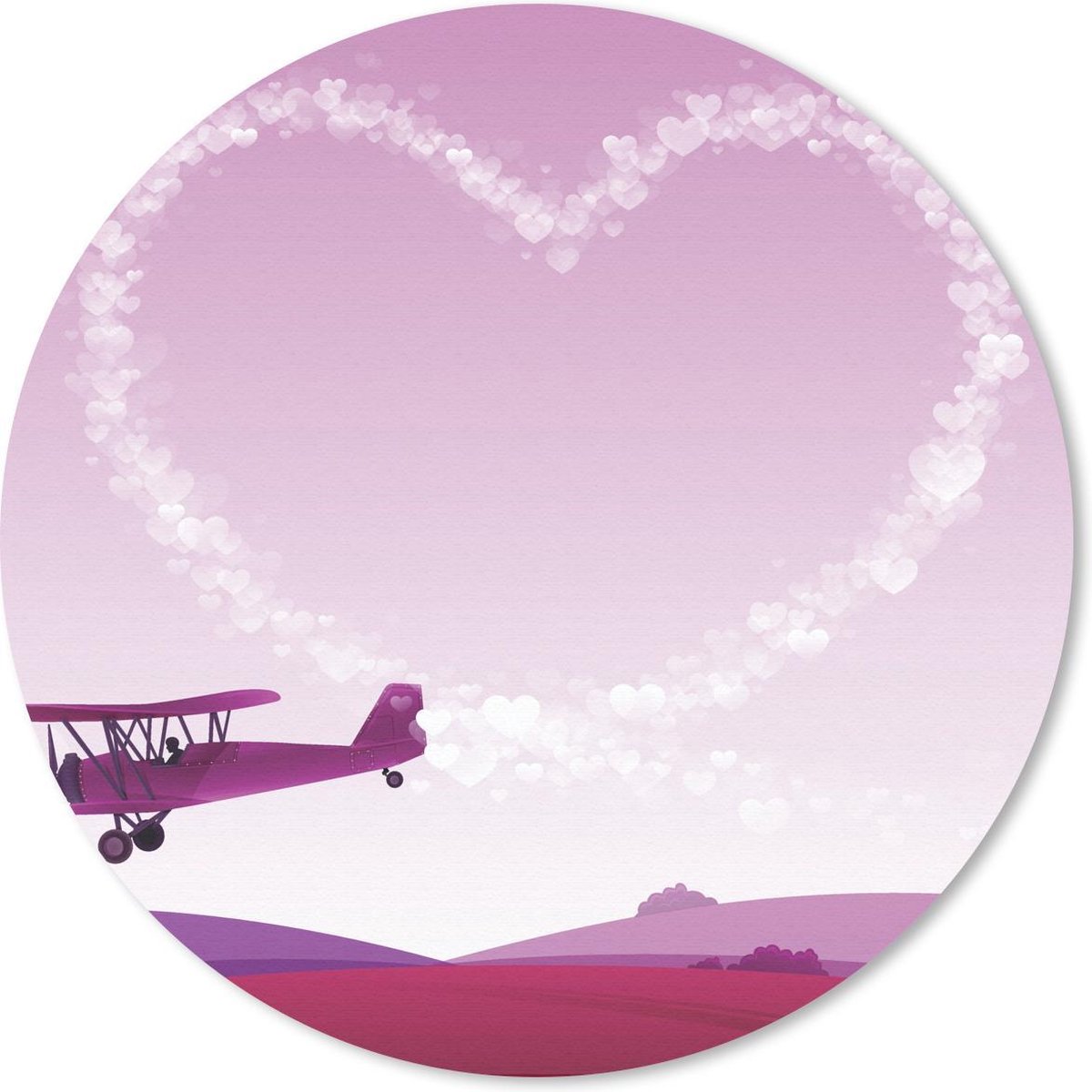 Muismat rond 40x40 cm - Mousepad Een illustratie van een vliegtuig in een roze lucht - Ronde muismatten
