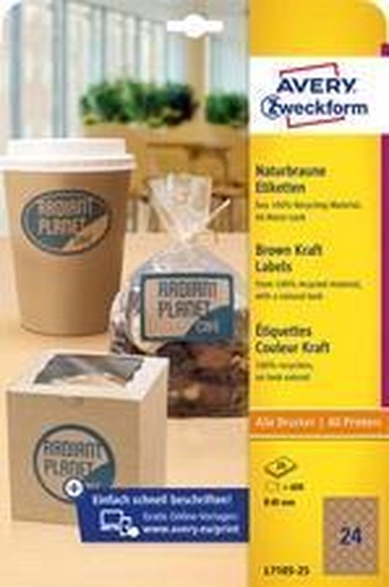 Emballage avec gobelet à café en carton brun, sachet de pâtisseries et boîte carrée avec fenêtre. Tous avec le logo 'Radiant Planet Café'.