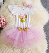 3-delig 1e verjaardag setje voor een meisje Minnie in de kleuren wit, goud en licht roze - Roze - One - verjaardag - Eerste verjaardag - cakesmash outfit- fotoshoot - First Birthda