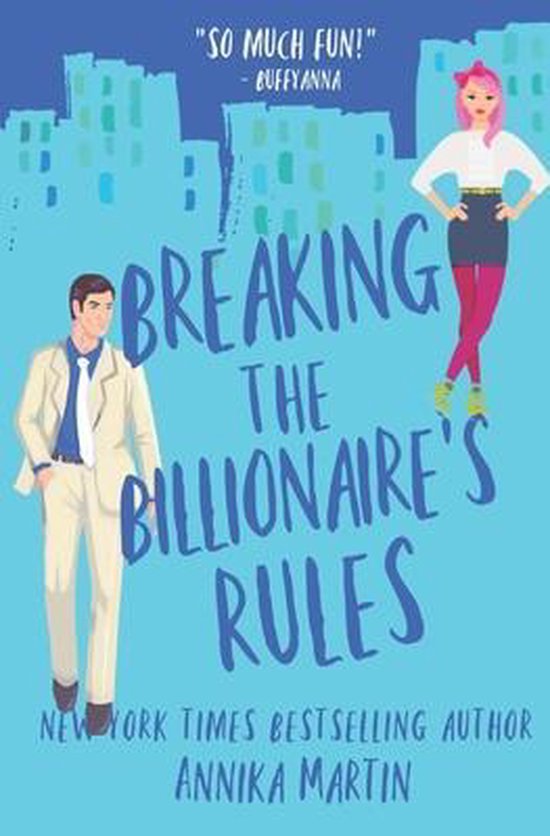 Boekomslag met de titel "Breaking the Billionaire's Rules". Een man in een pak en een vrouw met roze haar, tegen een stadslandschap.