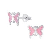 Joy|S - Zilveren vlinder oorbellen - glitter roze
