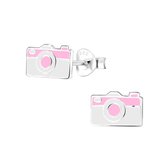 Joy|S - Zilveren fototoestel oorbellen - roze wit - foto camera oorknoppen