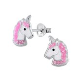 Joy|S - Zilveren eenhoorn oorbellen - unicorn oorknoppen roze kristal
