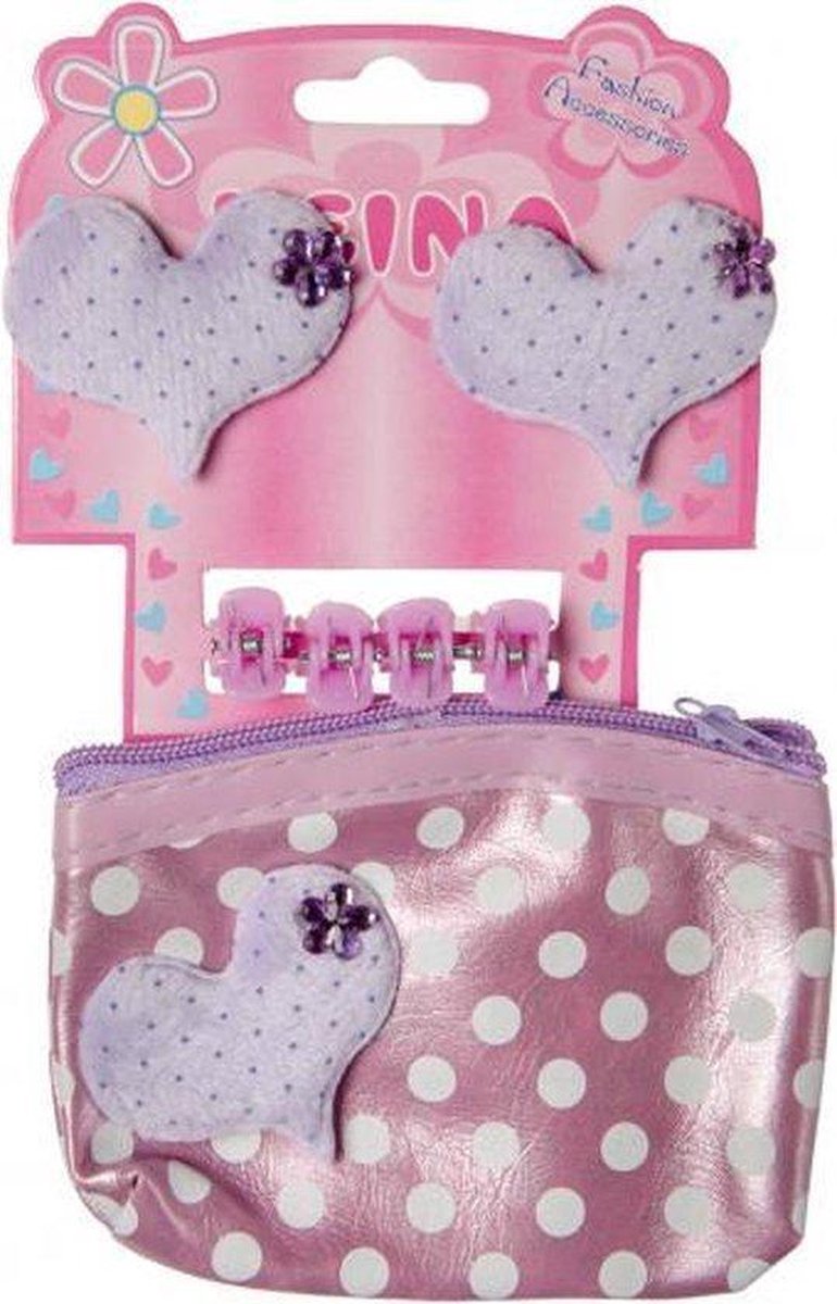 Haaraccessoires Hartjes Meisje | 4 Haarklipjes | 2 Haarelastiekjes | 1 Polkadot Tasje | Set voor het Haar 7-delig
