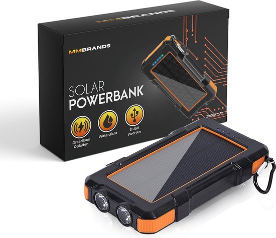 MM Brands Solar Powerbank 20000 mah – USBC/Micro USB – Wireless Charger – Oranje