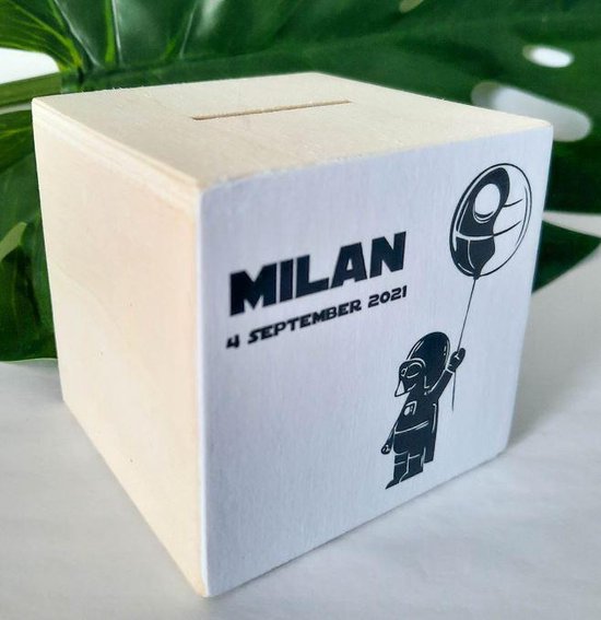 Houten spaarpot - Mini Vader - Jongen - Meisje - Zwart - Wit - Kraamcadeau - Ballon - Hout - SVP NAAM EN GEBOORTEDATUM DOORGEVEN PER E-MAIL van PletterWoodWorks — afbeelding 2