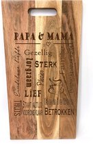 Grote acacia borrelplank / snijplank met tekst gravure : PAPA EN MAMA. Cadeau-Kerst - Sinterklaar -verjaardag -moederdag - vaderdag. Het formaat is 25x50cm