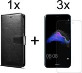 Huawei P8 Lite hoesje bookcase met pasjeshouder zwart wallet portemonnee book case cover - 3x Huawei P8 Lite screenprotector