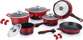 Herenthal Line - Pannenset Inductie - 14 delig -  Afneembare handgreep - Keramisch - Zwart / Rood - PFAS-vrij