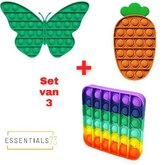 ESSENTIALS73 Fidget Pop It Set van 3: Vlinder XL + Wortel + Vierkant Rainbow - TikTok - Regenboog - Carrot