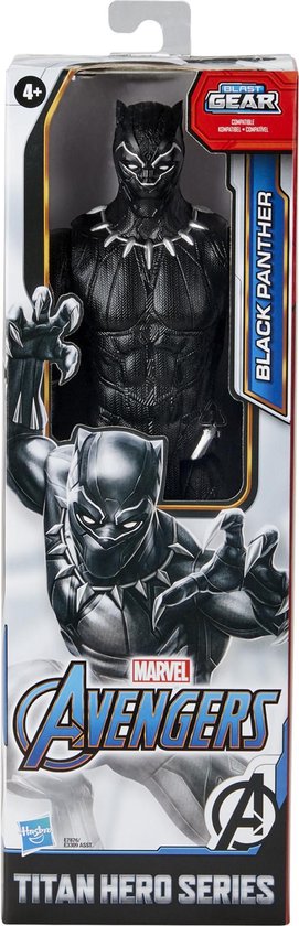 Black Panther speelfiguur in verpakking, met afbeelding van Black Panther en Avengers logo.