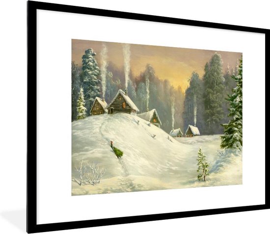 Fotolijst incl. Poster - Winter - Landschap - Huis - Bos - 80x60 cm - Posterlijst - Kerstmis Decoratie - Kerstversiering - Kerstdecoratie Woonkamer - Kerstversiering - Kerstdecoratie voor binnen - Kerstmis