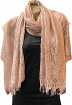 Sjaal lang geribbeld met kant roze beige 200/110cm