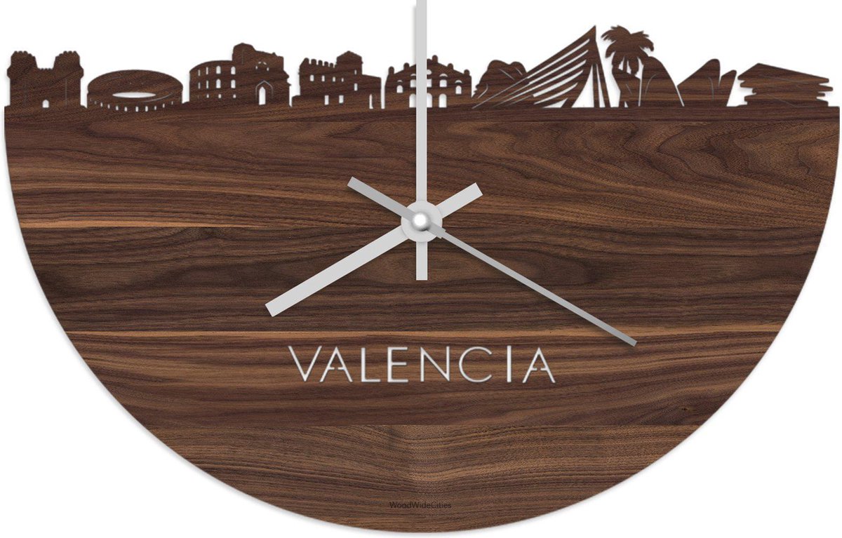 Skyline Klok Valencia Notenhout - Ø 40 cm - Stil uurwerk - Wanddecoratie - Meer steden beschikbaar - Woonkamer idee - Woondecoratie - City Art - Steden kunst - Cadeau voor hem - Cadeau voor haar - Jubileum - Trouwerij - Housewarming - WoodWideCities