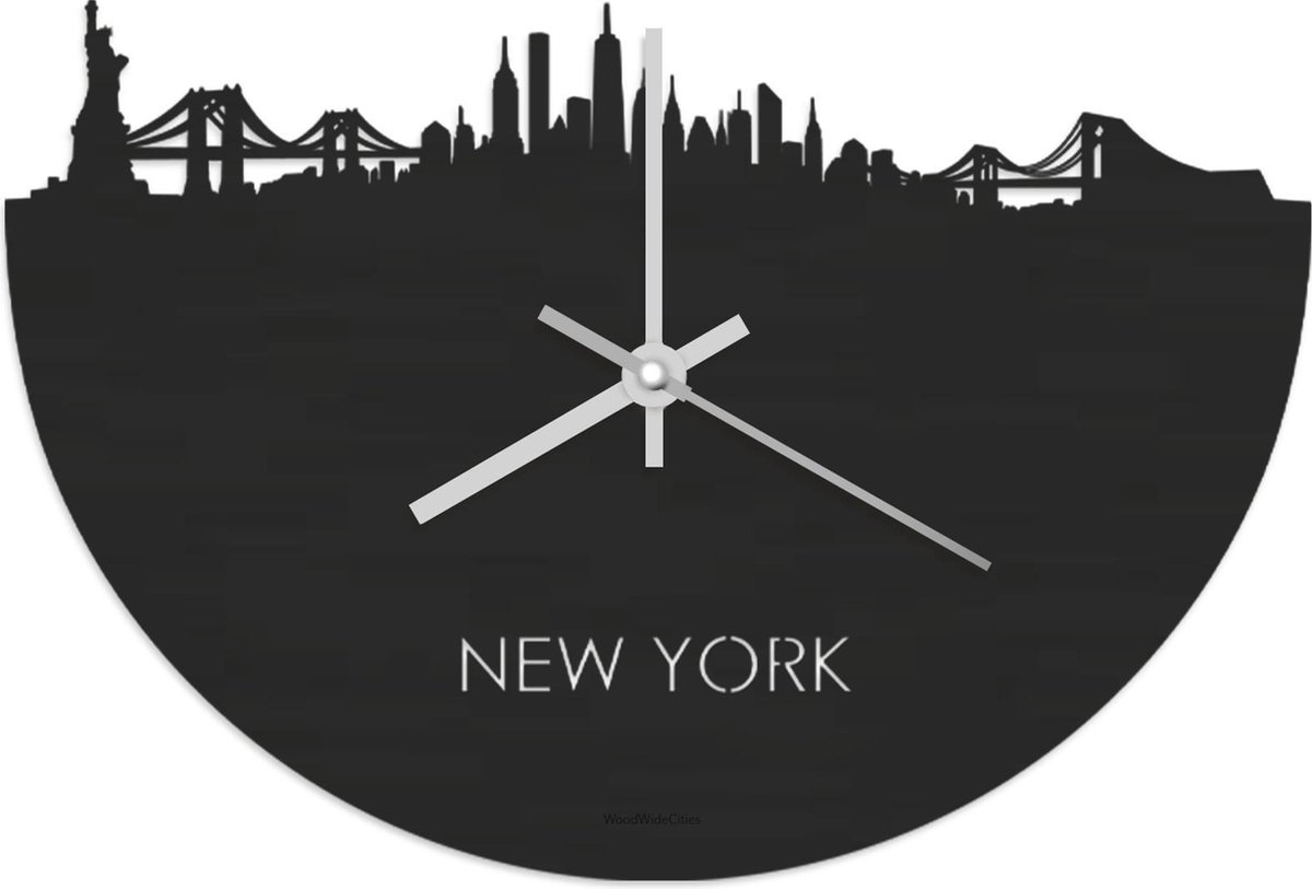Skyline Klok New York Zwart hout - Ø 40 cm - Stil uurwerk - Wanddecoratie - Meer steden beschikbaar - Woonkamer idee - Woondecoratie - City Art - Steden kunst - Cadeau voor hem - Cadeau voor haar - Jubileum - Trouwerij - Housewarming - WoodWideCities