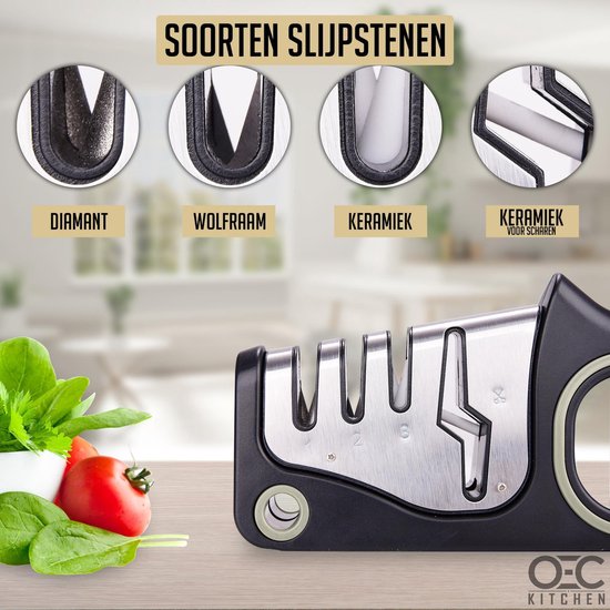 OEC Kitchen Messenslijper - 3-Standen Slijper - Scharenslijper - 4-in-1 - Anti-Slip - Zwart - OEC