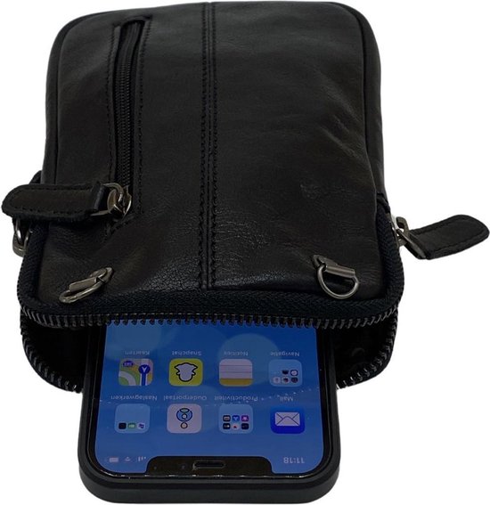 Crossbody Tas Dames - Telefoontasje - Zwart - Leer - Verstelbare Schouderband - Smartphone - Geld - Bag Strap