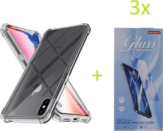 Backcover Geschikt voor: iPhone X / XS - Anti Shock Silicone Bumper - Transparant + 3X Tempered Glass Screenprotector