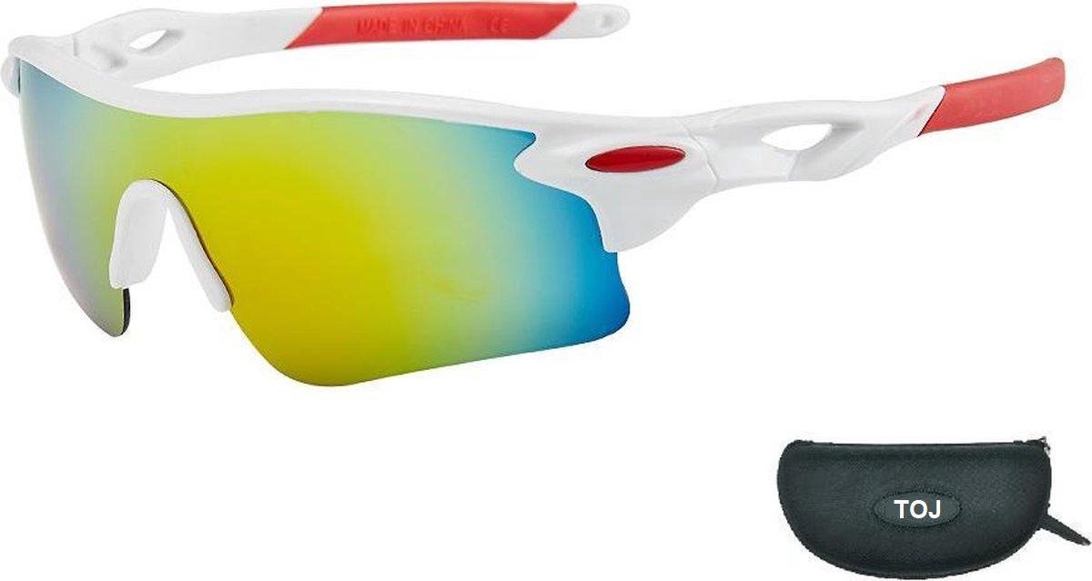Fietsbril Met Hoes | Sportbril | Racefiets | Mountainbike | MTB | Sport Fiets Bril| Zonnebril | UV Bescherming | Wit/Rood | Spiegelende Lens - Merkloos