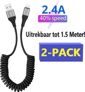2x Uitrekbare USB Kabel tot 1.5 Meter - Geschikt voor iPad, iPhone, Apple Carplay - Nylon Gevlochten USB 2.0 A Oplader