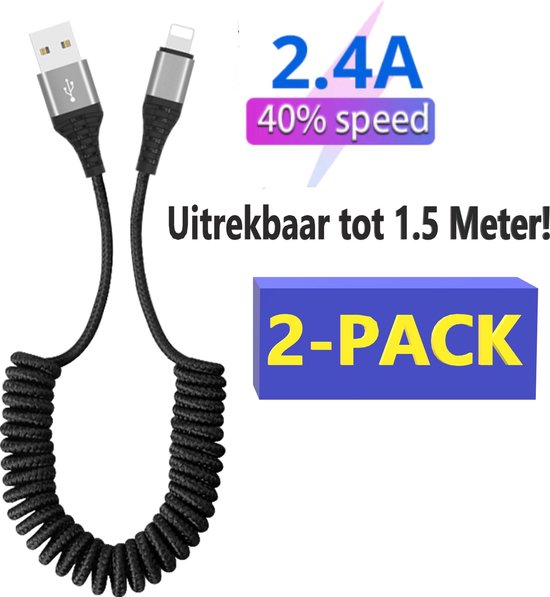 Oprolbare Lightning-Kabel 2M – USB-A Naar Lightning, Intrekbaar Voor Auto, Carplay – Wit – Voor IPhone 14/13/12/11/XR/XS/SE & IPad