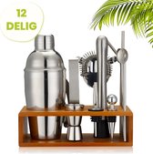 Cocktail set RVS 12-delige set, inclusief Gratis houten standaard | cocktail shaker set, bartender shaker| Bartender Luxury